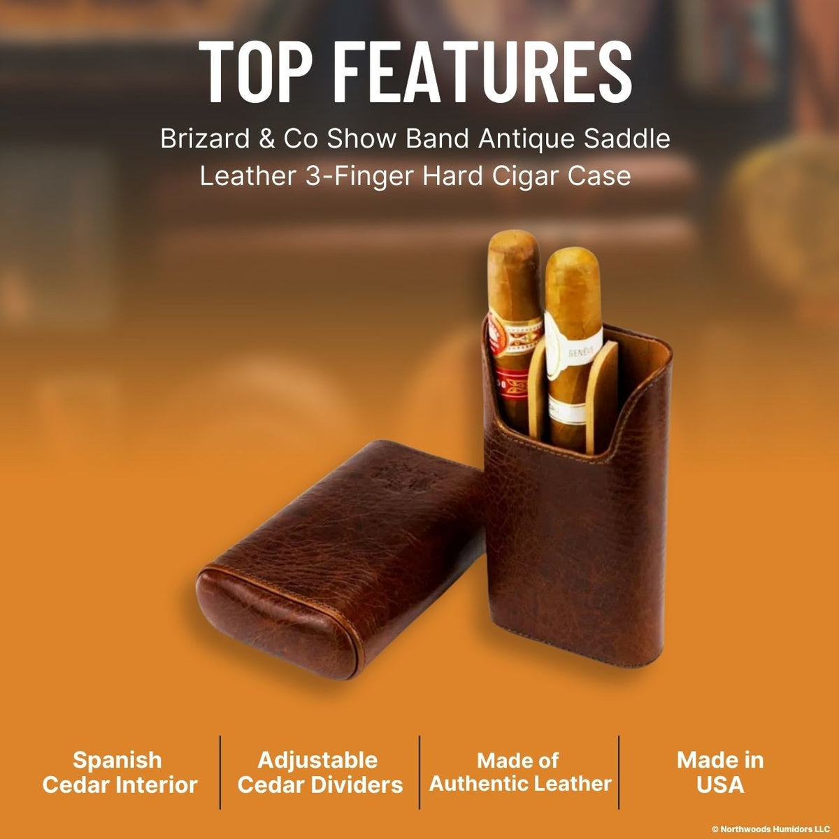 Brizard & Co Show Band Antique Saddle Leather 3-Finger Hard Cigar Case - Top Features