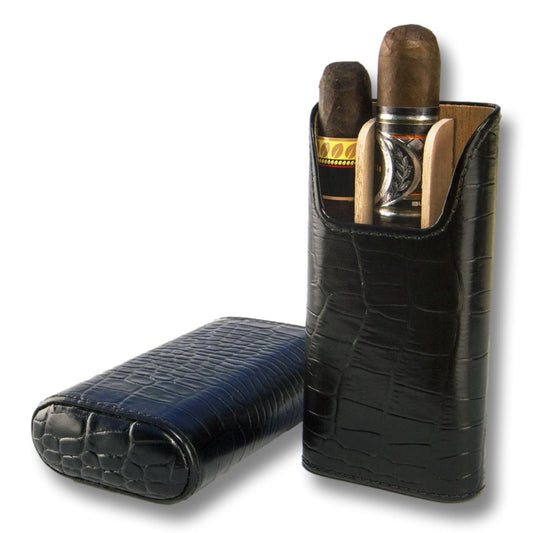 Brizard & Co Show Band Crocodile Black Leather 3-Finger Hard Cigar Case - Main Image - Front Side