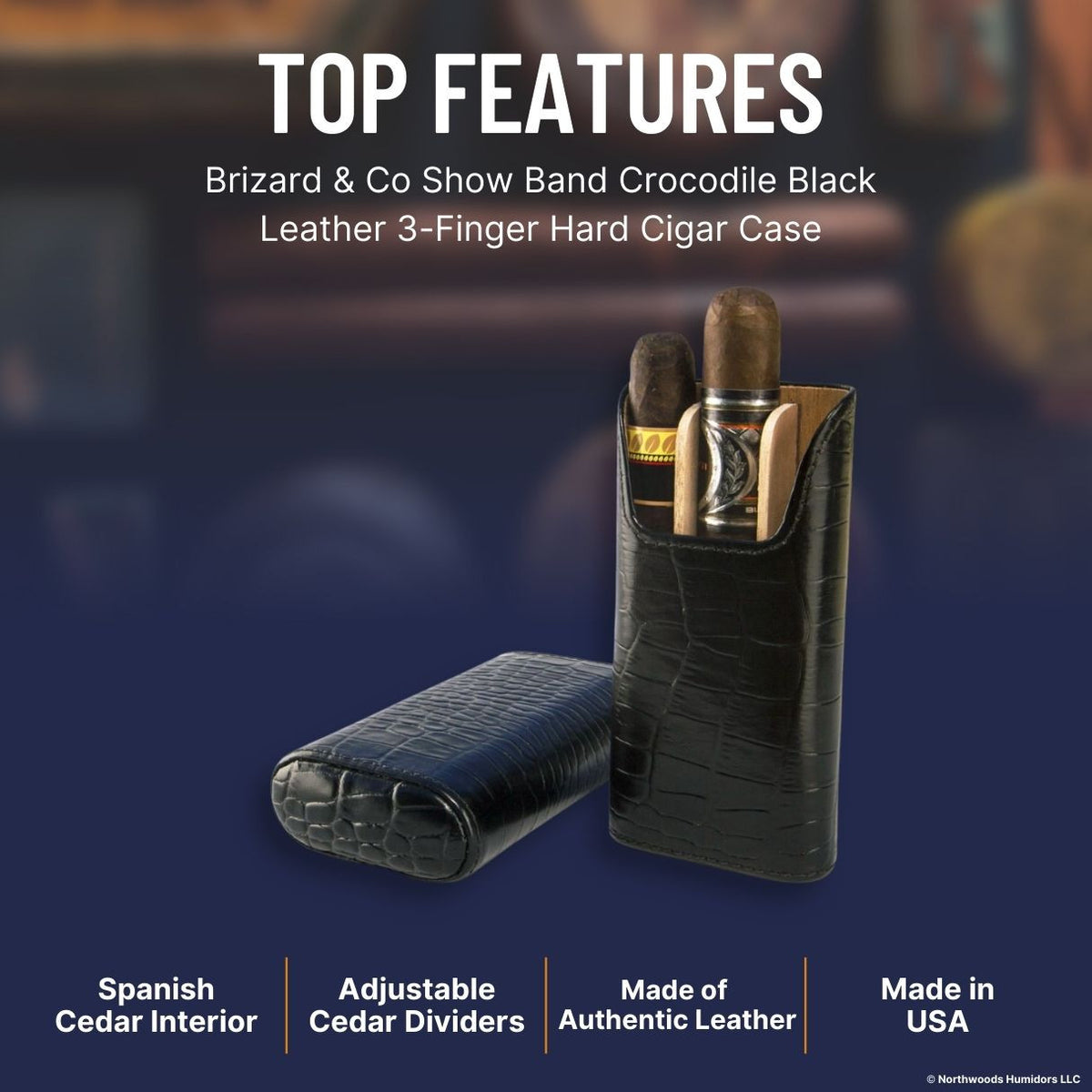 Brizard & Co Show Band Crocodile Black Leather 3-Finger Hard Cigar Case - Top  Features