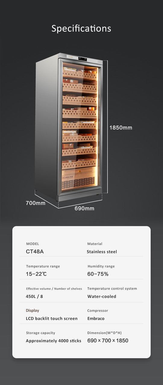 Raching CT48A Climate Control Silver Stainless Steel 4,000-Cigar Electric Humidor Specifications