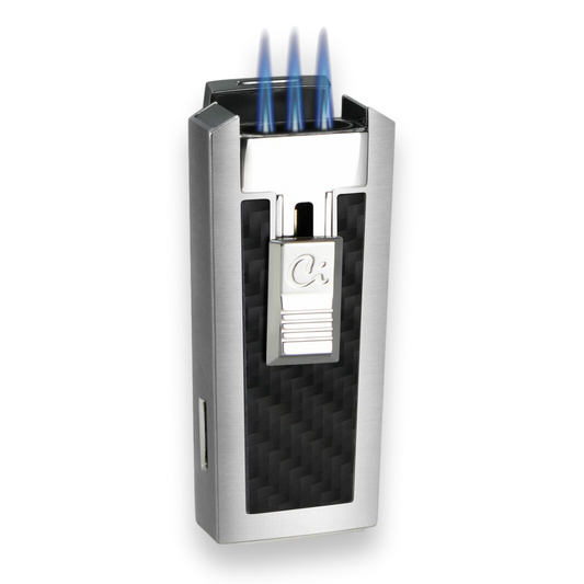 Caseti Tripolis Torch Flame Triple Jet Cigar Lighter - Black Carbon Fiber - Exterior Front