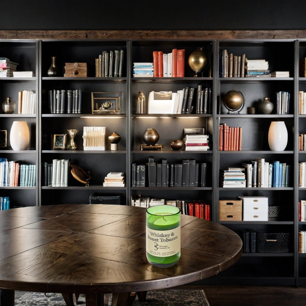 Chicago Candle Co Whiskey & Sweet Tobacco Candle - Green Wine Bottle - Lifestyle