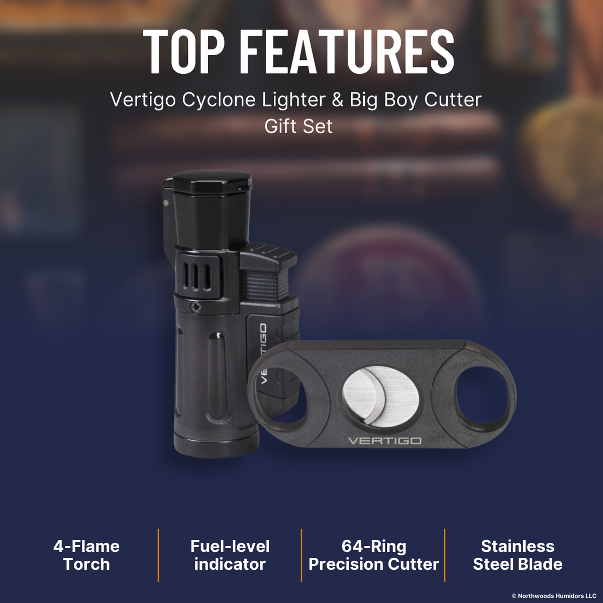 Vertigo Cyclone Lighter & Big Boy Cutter Gift Set - Charcoal - Top Features