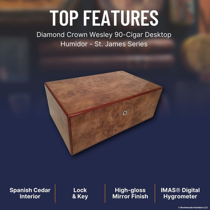 Diamond Crown Wesley 90-Cigar Desktop Humidor - St. James Series