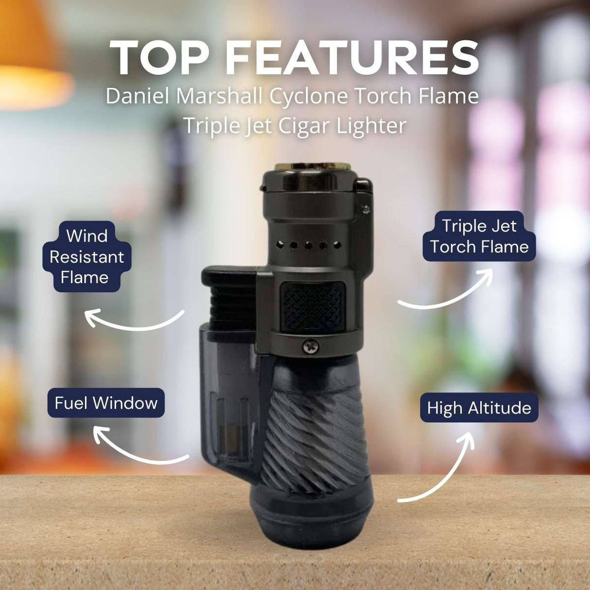 Daniel Marshall Cyclone Torch Flame Triple Jet Cigar Lighter - Charcoal - Top Features