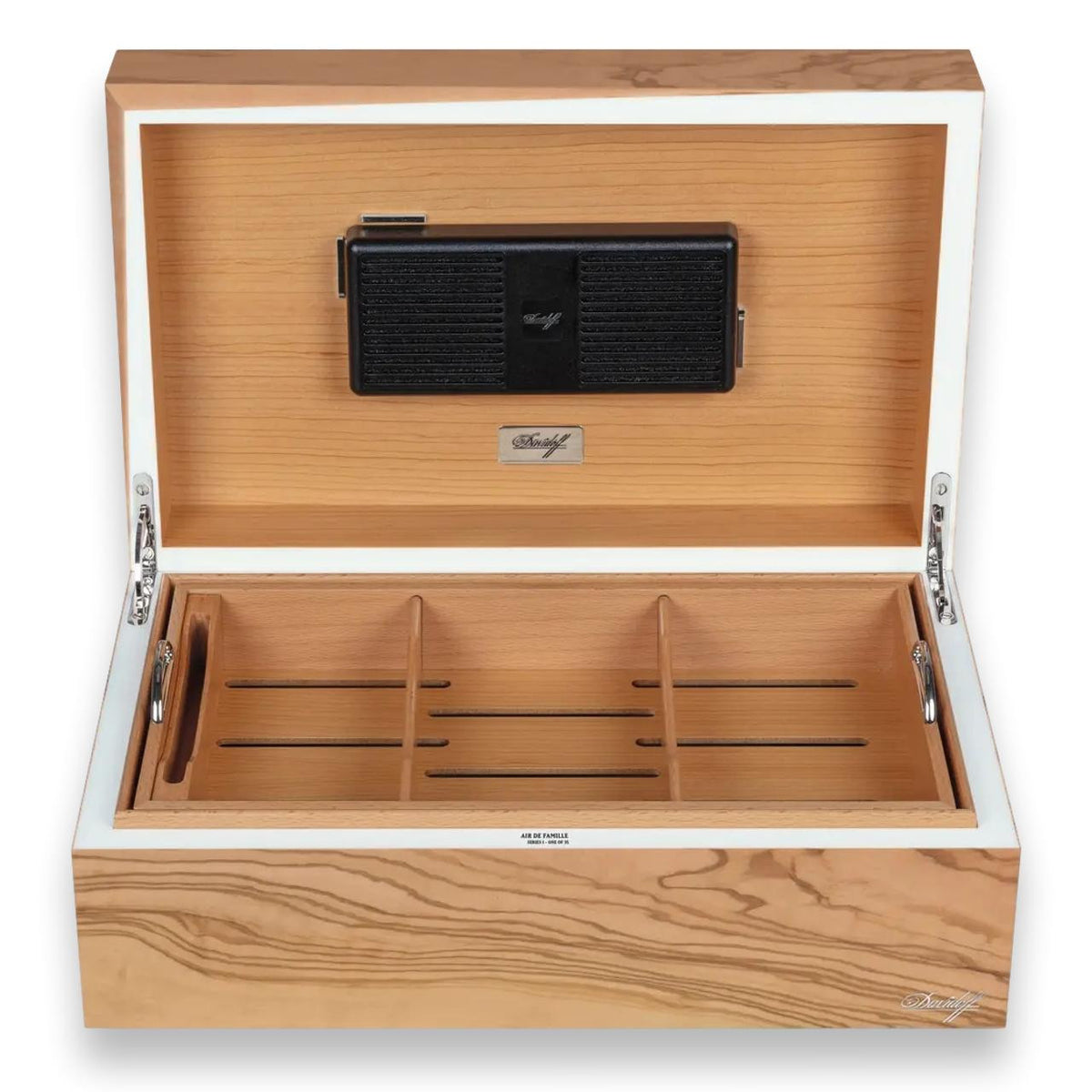 Davidoff Air De Famille Series I Olive Wood Ambassador 80-Cigar Desktop Humidors - Lid Flipped Open