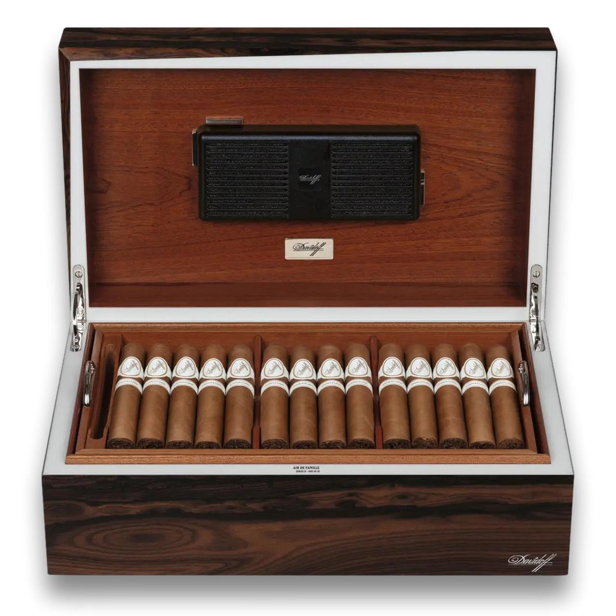 Davidoff Air De Famille Series II Ziricote Ambassador Matt 80-Cigar Desktop Humidors - Lid Flipped Open