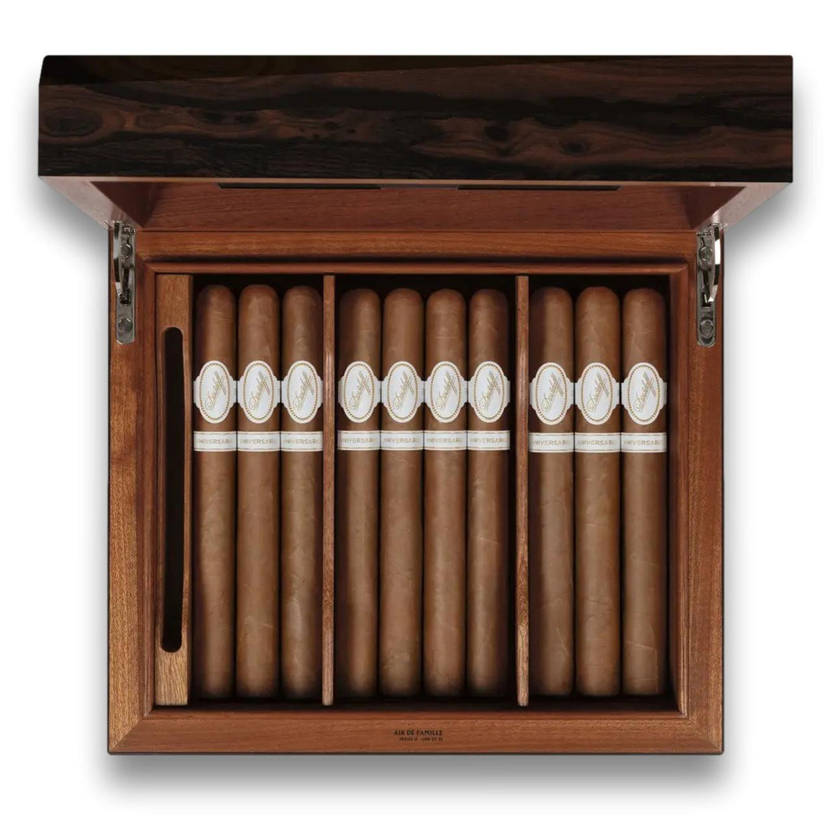 Davidoff Air De Famille Series II Ziricote Primos Matt 35-Cigar Desktop Humidors - Lid Flipped Open with Cigars