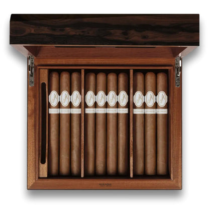 Davidoff Air De Famille Series II Ziricote Primos Matt 35-Cigar Desktop Humidors - Lid Flipped Open with Cigars