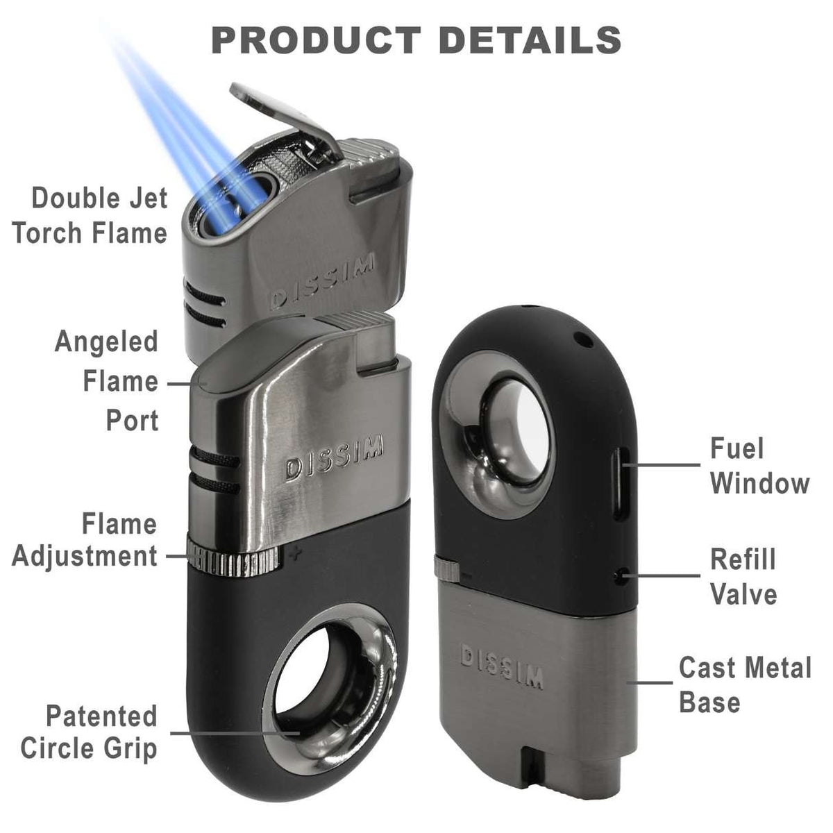 Dissim Executive Inverted Torch Flame Double Jet Cigar Lighter - Silver - Top Features