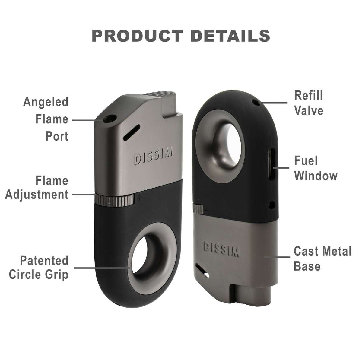 Dissim Inverted Soft Flame Pipe Lighter - Black - Top Features