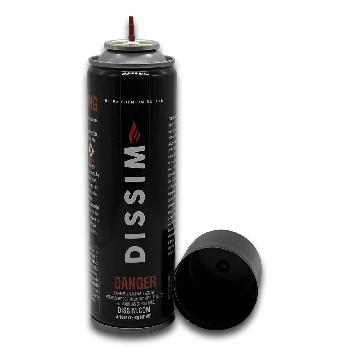 Dissim Ultra Premium Butane Cigar Lighter Fuel Refill - 4.9 ounce can - back side with cap off