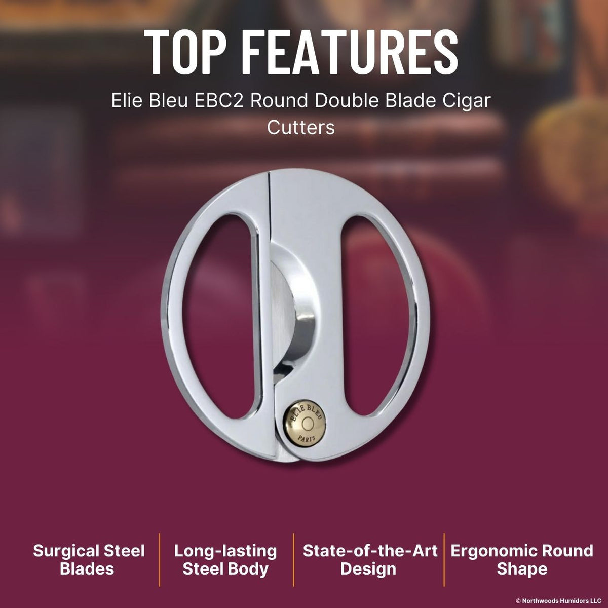 Elie Bleu EBC2 Round Double Blade Cigar Cutters - Silver - Top Features