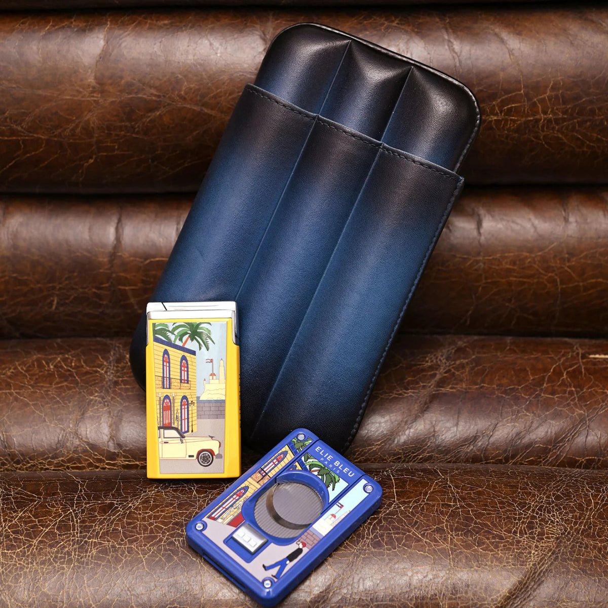 Elie Bleu Patina Leather 3-Finger Soft Cigar Cases - Blue - Lifestyle