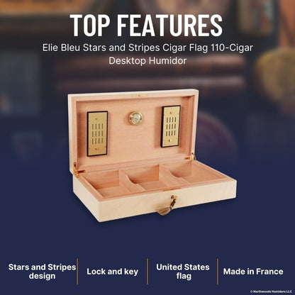 Elie Bleu Stars and Stripes Cigar Flag 110-Cigar Desktop Humidor - Top Features
