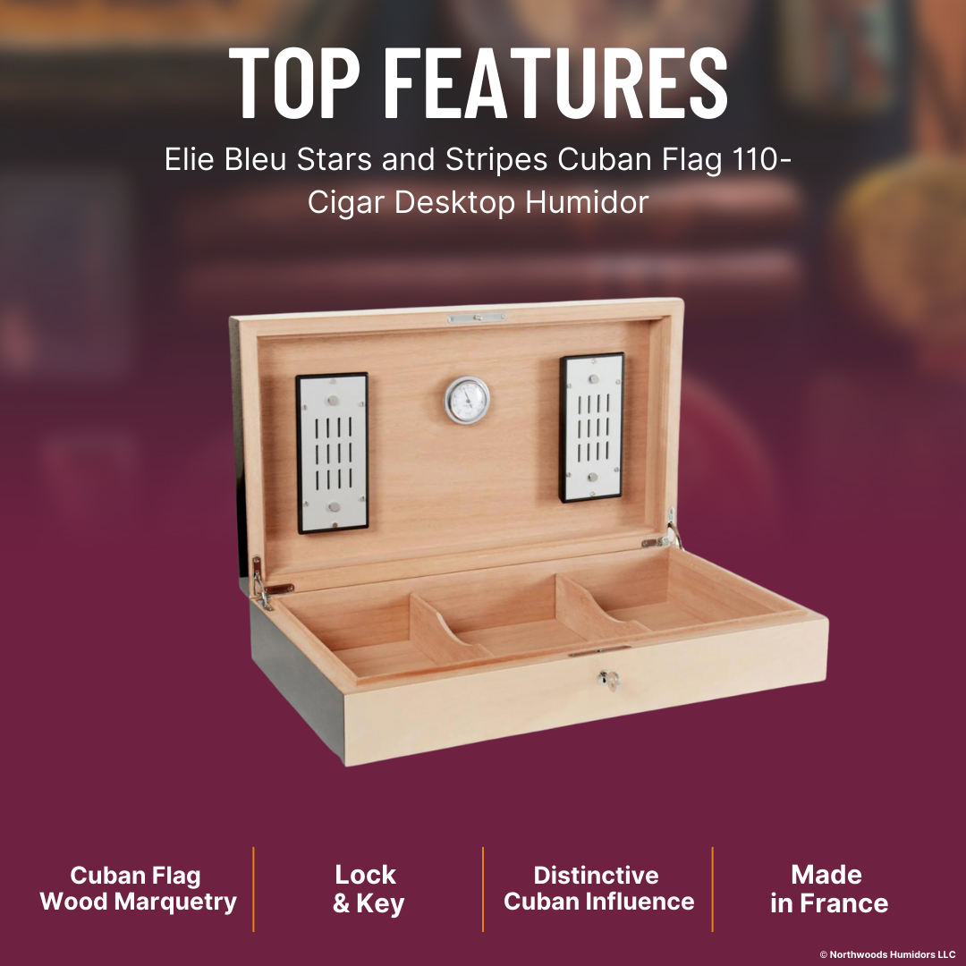Elie Bleu Stars and Stripes Cuban Flag 110-Cigar Desktop Humidor - Top Features