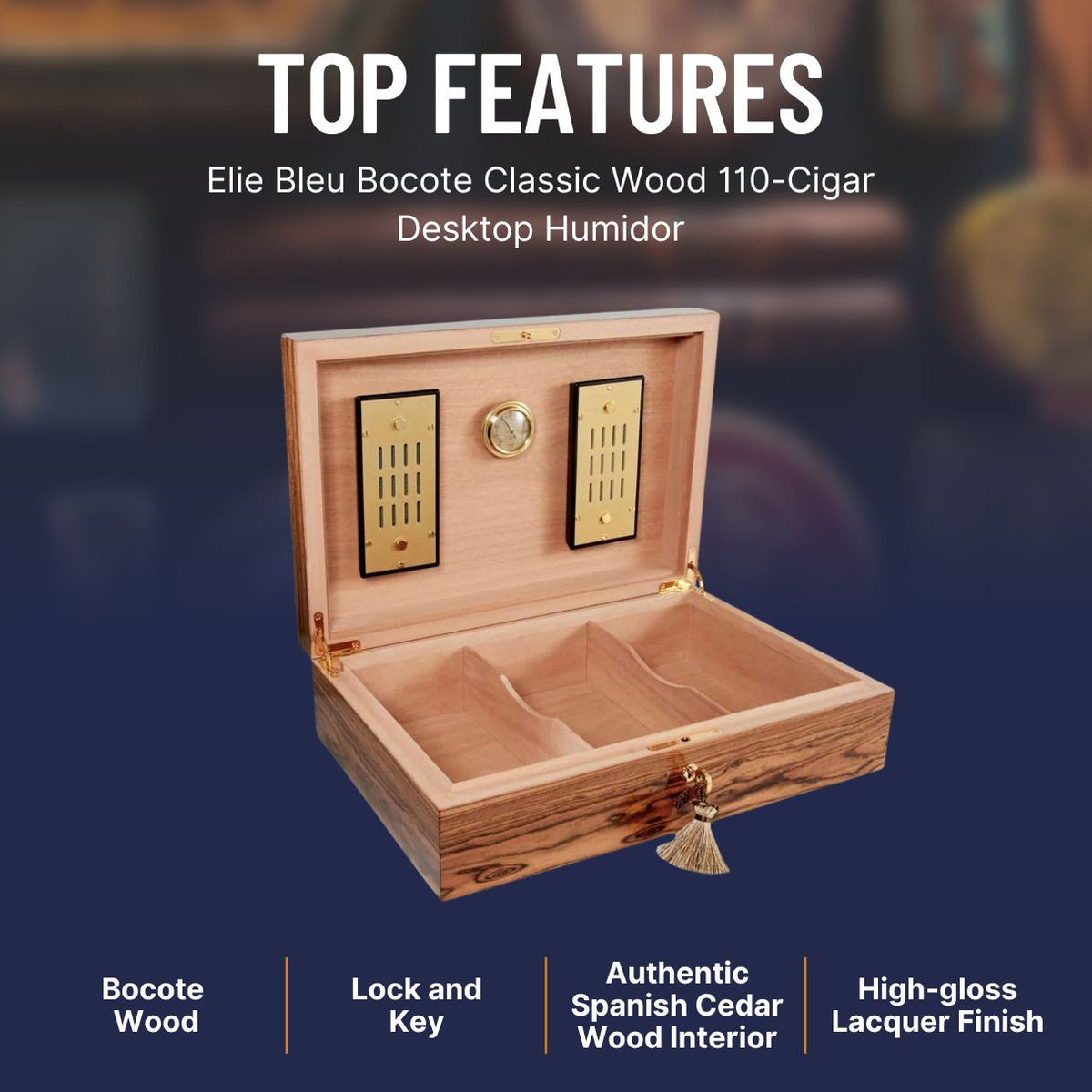 Elie Bleu Bocote 110-Cigar Desktop Humidor - Classic Collection - Top Features