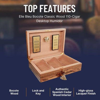Elie Bleu Bocote 110-Cigar Desktop Humidor - Classic Collection - Top Features