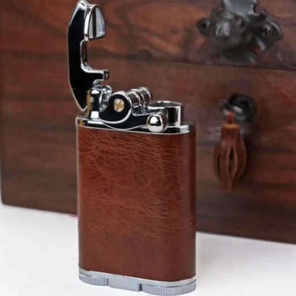 Brizard & Co Antique Saddle Gatsby Torch Flame Triple Jet Tabletop Cigar Lighter - Lid Flipped Open on Lifestyle
