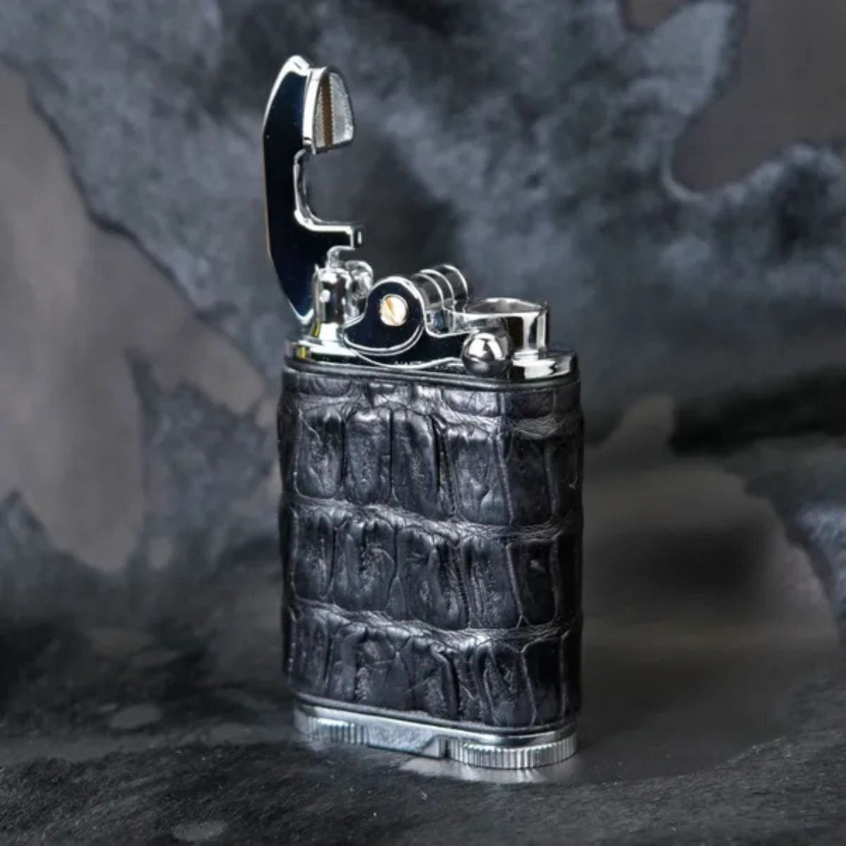 Brizard & Co Crocodile Black Gatsby Torch Flame Triple Jet Tabletop Cigar Lighter -  Lid Flipped Open