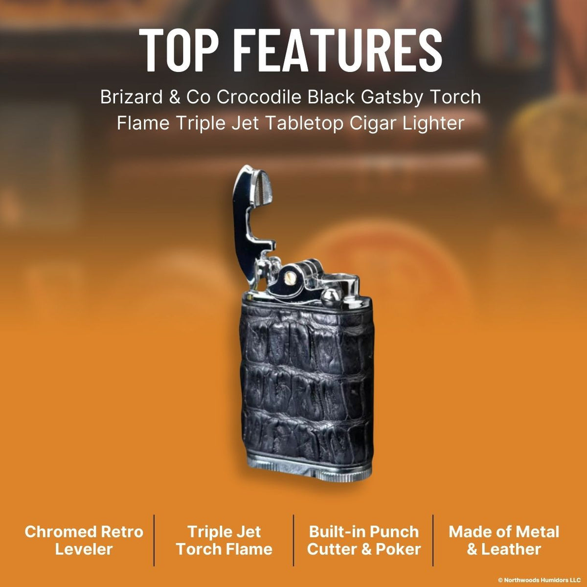 Brizard & Co Crocodile Black Gatsby Torch Flame Triple Jet Tabletop Cigar Lighter -  Top Features