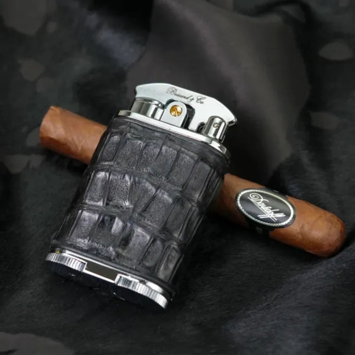 Brizard & Co Crocodile Black Gatsby Torch Flame Triple Jet Tabletop Cigar Lighter - Main Image - Front Side with Cigar