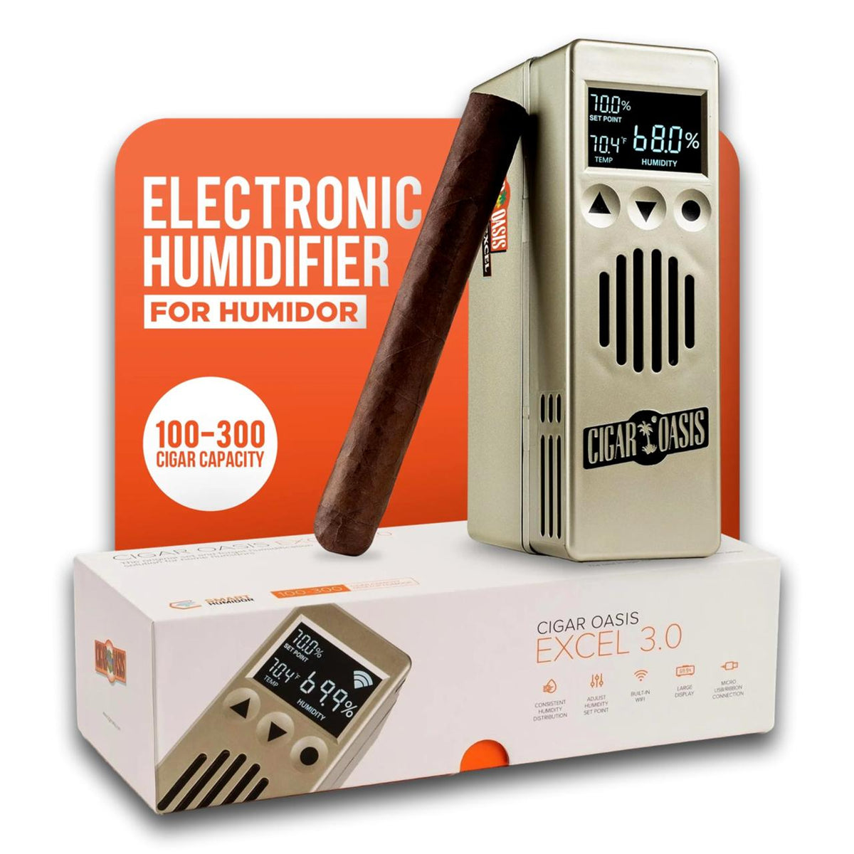 Cigar Oasis Excel 3.0 Electronic Humidifier - Front with Box