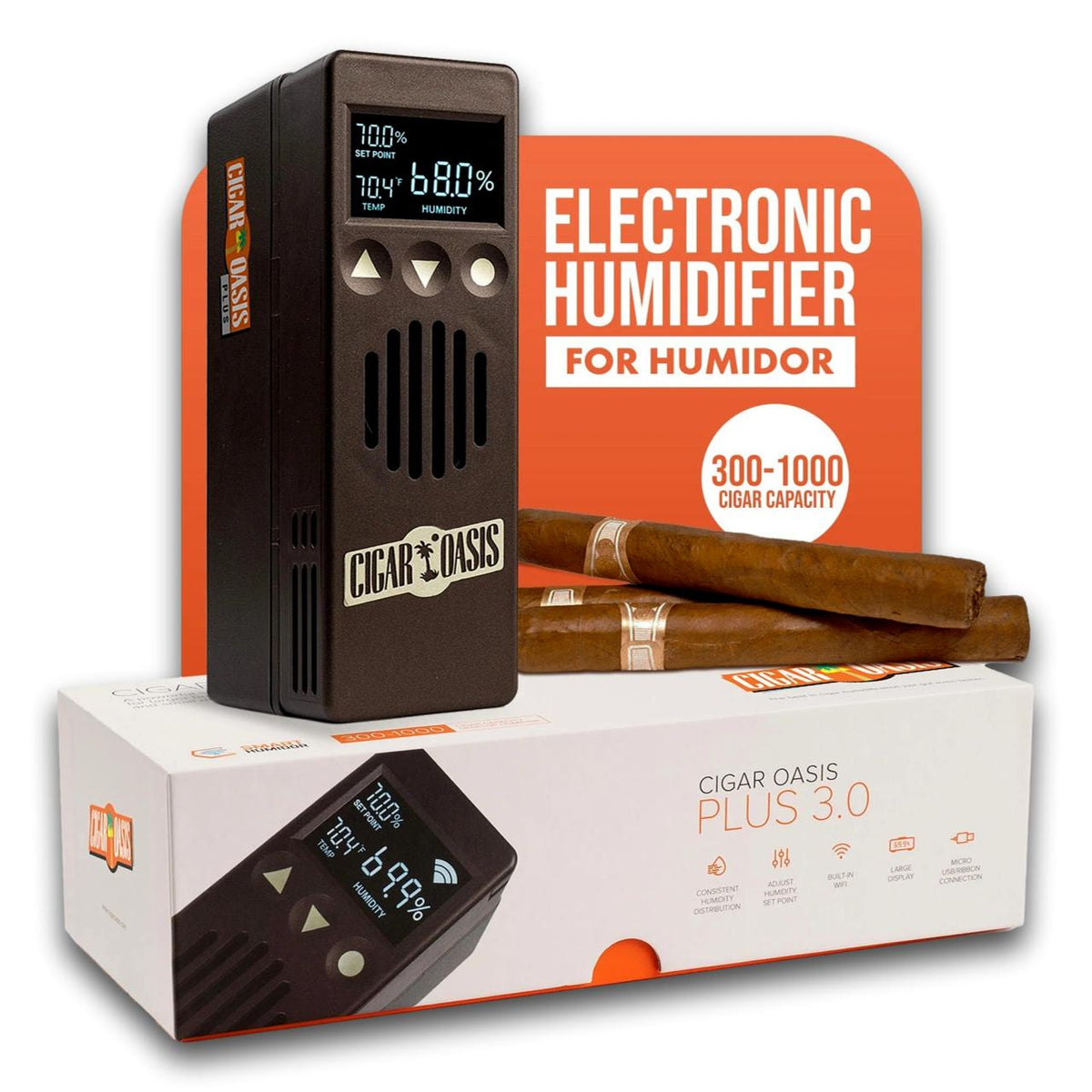 Cigar Oasis Plus 3.0 Electronic Humidifier - Front with box