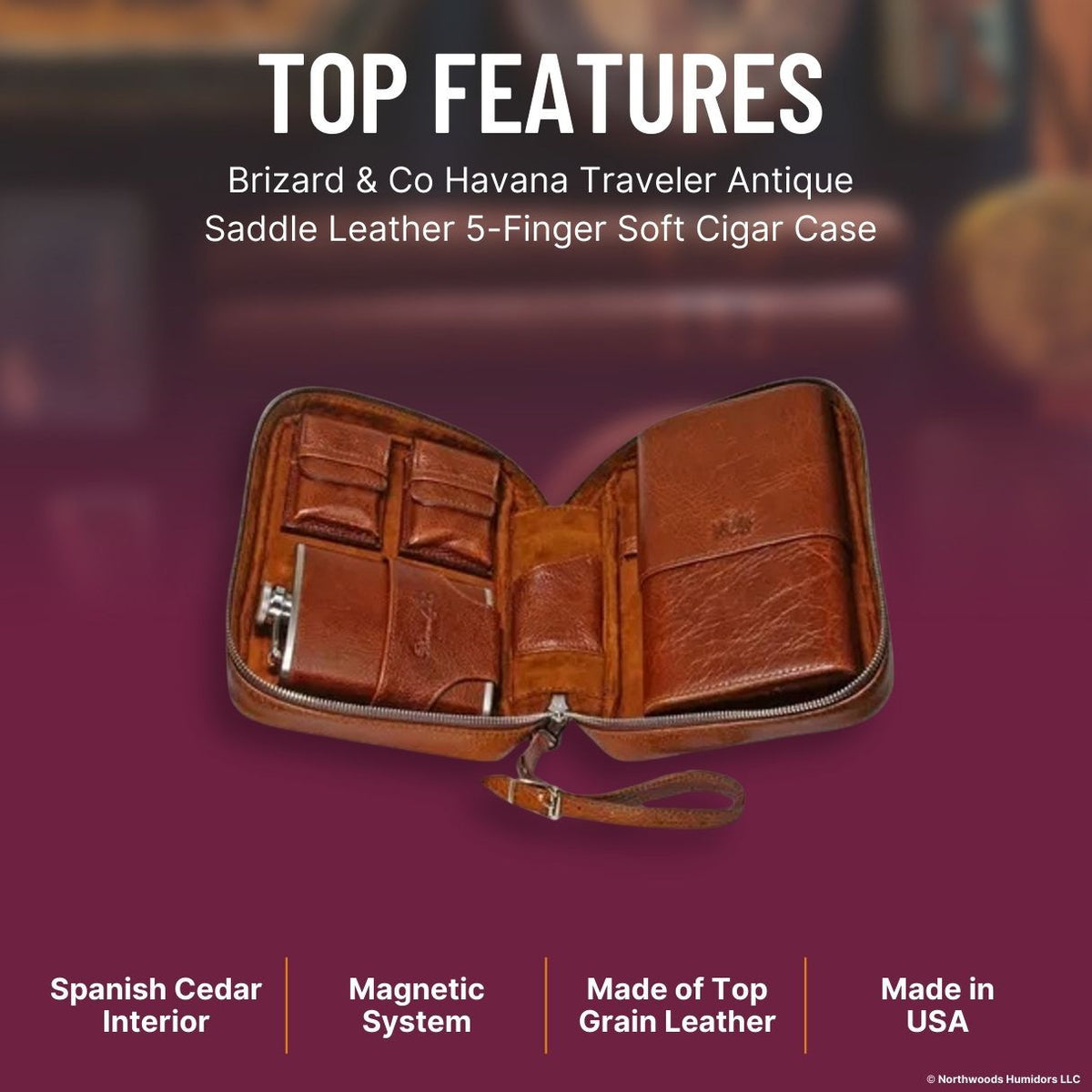 Brizard & Co Havana Traveler Antique Saddle Leather 5-Finger Soft Cigar Case - Top Features