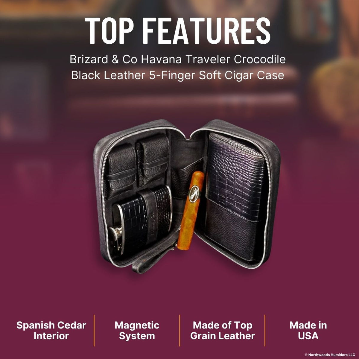 Brizard & Co Havana Traveler Crocodile Black Leather 5-Finger Soft Cigar Case - Top Features