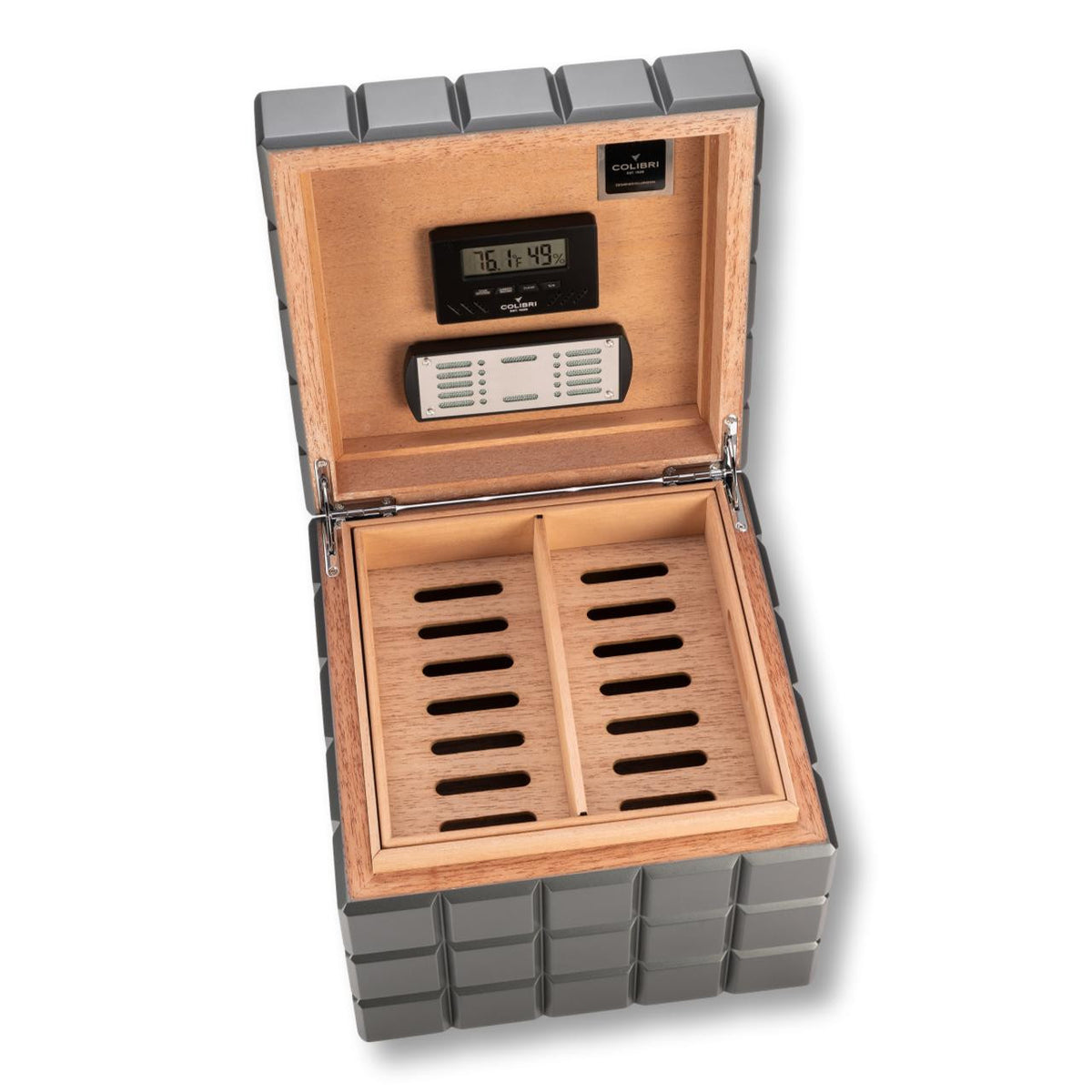 Colibri Heritage Cube 80-Cigar Desktop Humidors - Charcoal -Top Lid Flipped Open