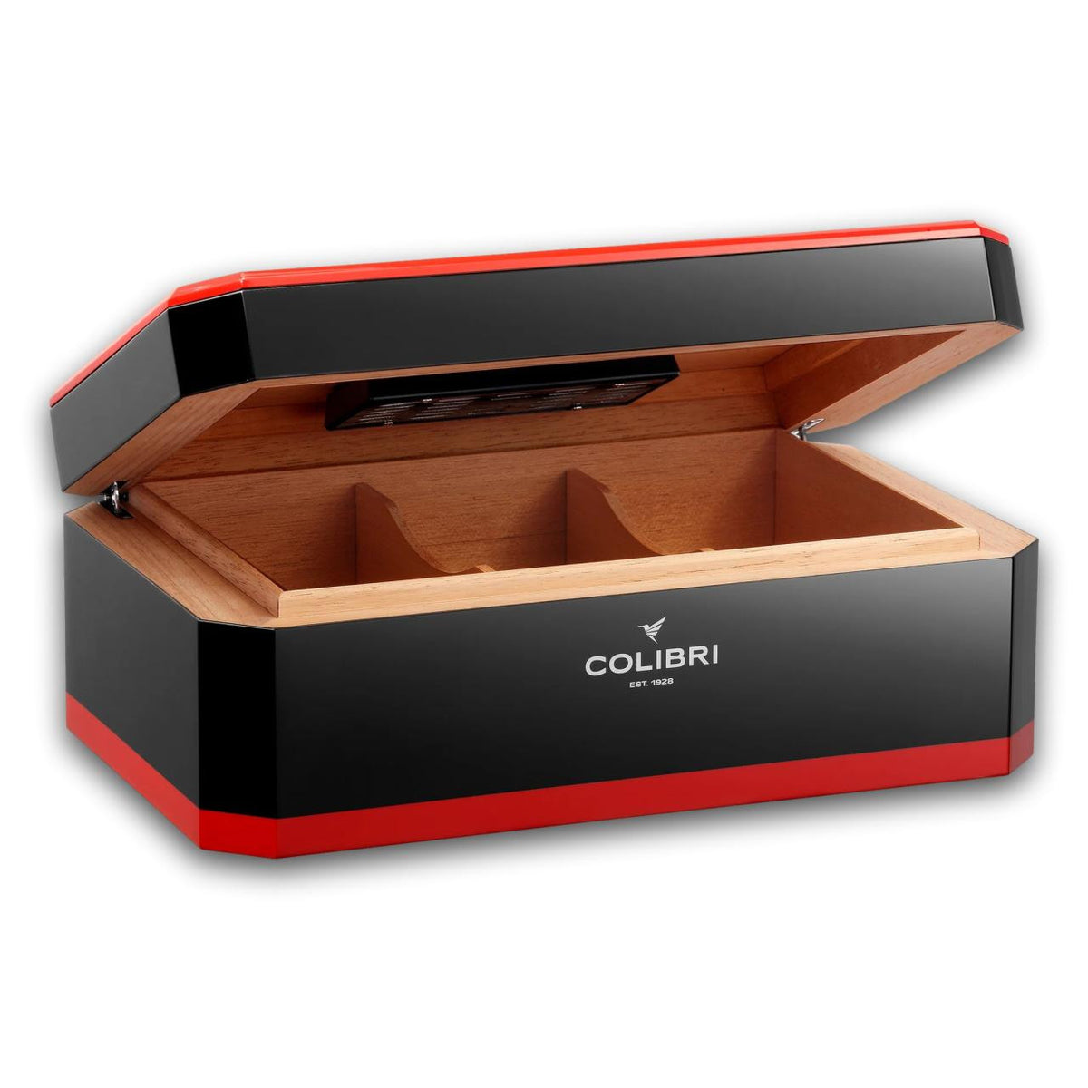 Colibri Rally 125-Cigar Desktop Humidors - Black + Red - Lid Flipped Open
