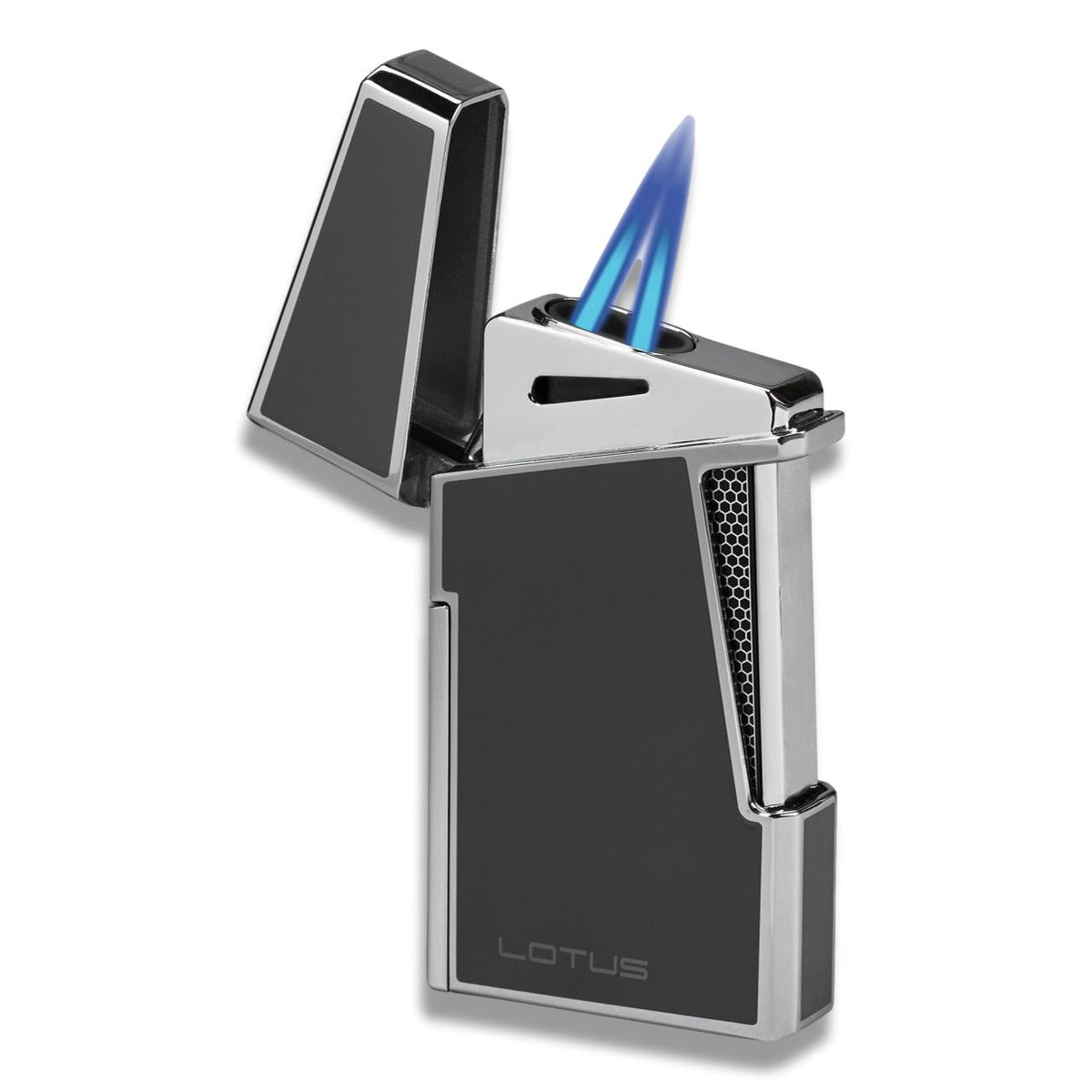 Lotus Apollo Torch Flame Double Jet Cigar Lighter - Black Lacquer & Polished Chrome - Flame