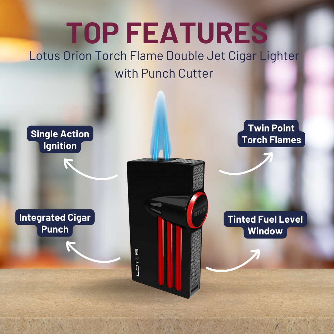 Lotus Orion Torch Flame Double Jet Cigar Lighter - Black Matte & Polished Red - Top Features