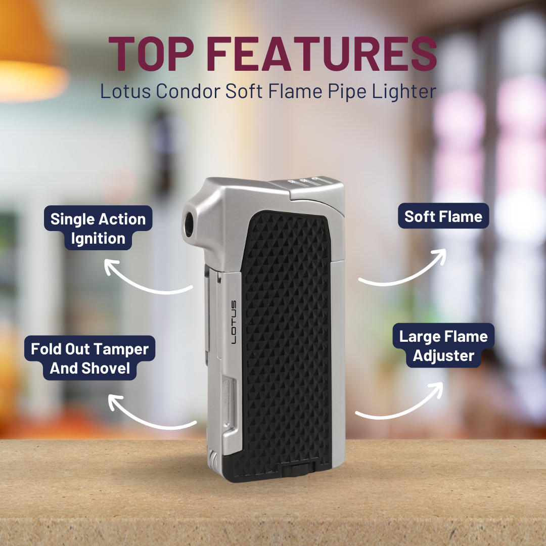 Lotus Condor Soft Flame Pipe Lighter - Black & Chrome - Top Features