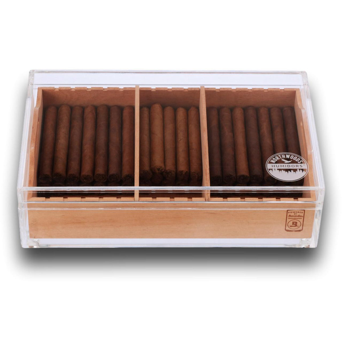 Large Acrylic 75-Cigar Humidor Powered by Boveda - Spanish Cedar Tray filled with Corona-size Cigars