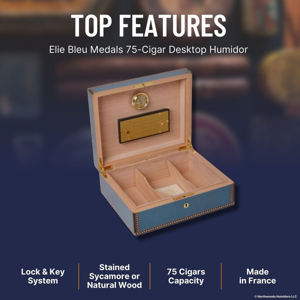 Elie Bleu Medals 75-Cigar Desktop Humidor - Blue - Top Features