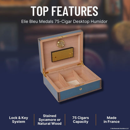 Elie Bleu Medals 75-Cigar Desktop Humidor - Blue - Top Features