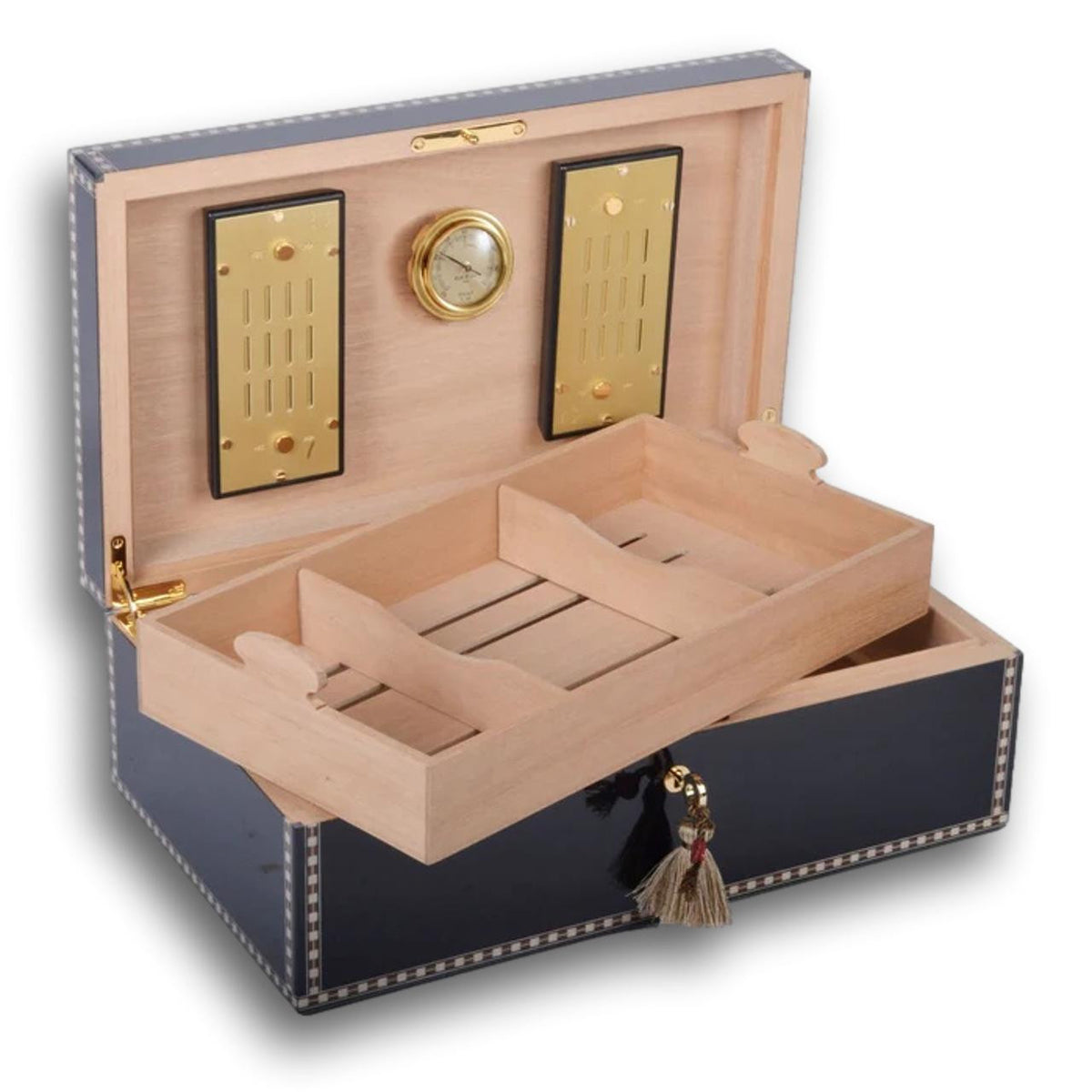 Elie Bleu Medals 120-Cigar Desktop Humidor - Black - Lid Flipped Open - Tray Details