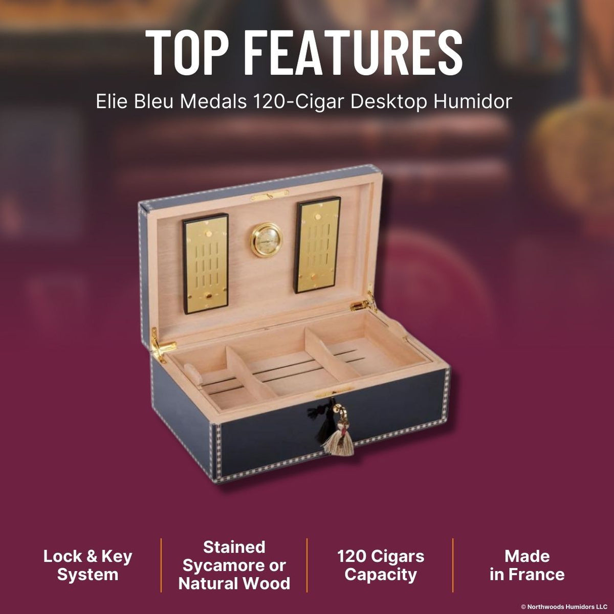 Elie Bleu Medals 120-Cigar Desktop Humidor - Black - Top Features
