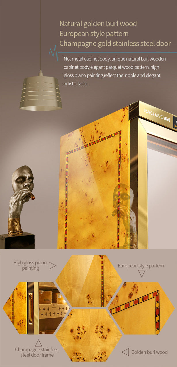 Raching MON3800A Climate Control Gold Burl 1,800-Cigar Electric Humidor - Specifications