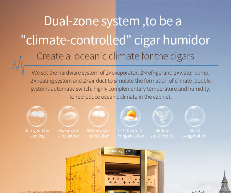 Raching MON800A Climate Control Gold Burl 600-Cigar Electric Humidor Specifications