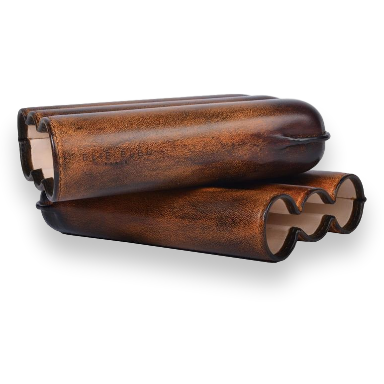 Elie - Bleu - Brown - Havana - Patina - 3 - Cigar - Leather - Case - Up - to - 56 - Ring - Gauge - Interior