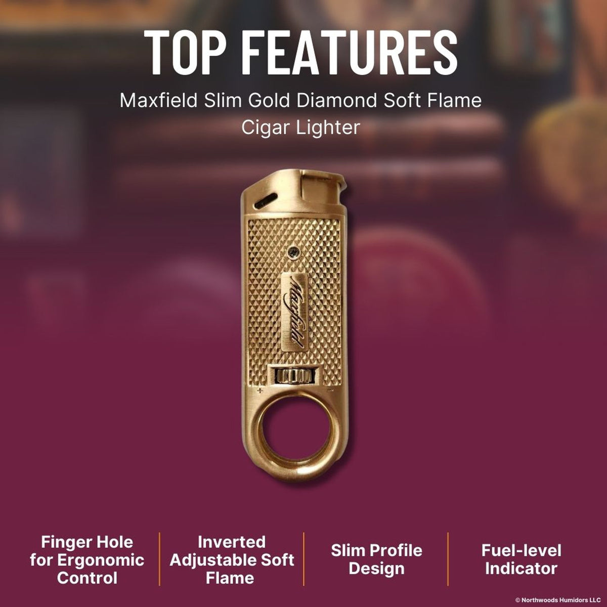 Maxfield Slim Diamond Soft Flame Cigar Lighters - Gold - Top Features