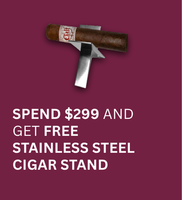 Cigar with a branded label on a stainless steel stand against a purple background with promotional text.