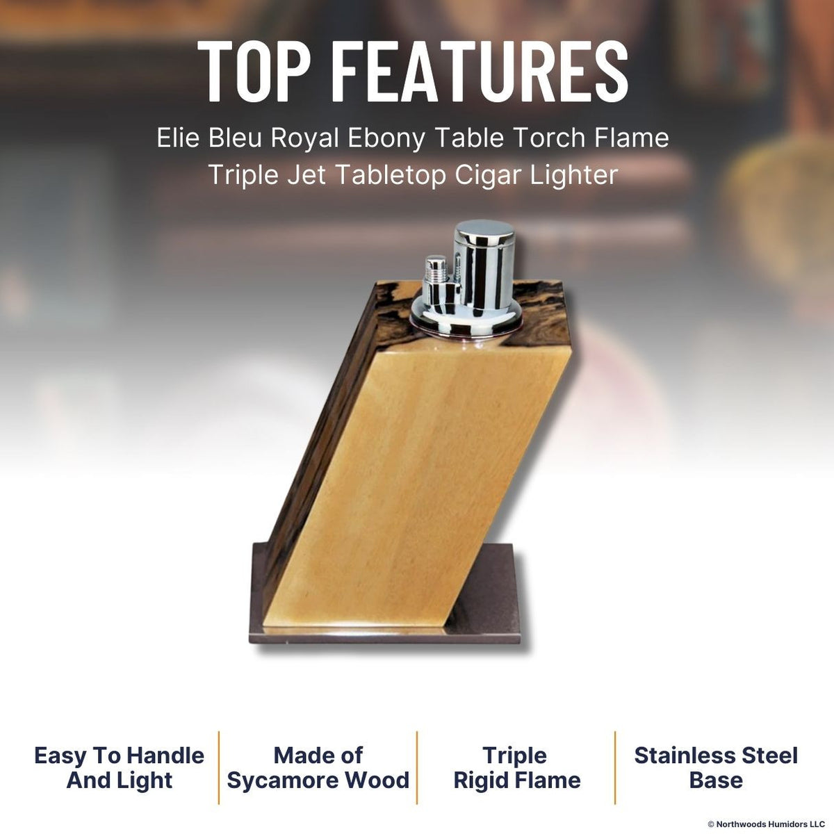 Elie Bleu Royal Ebony Table Torch Flame Triple Jet Tabletop Cigar Lighter - Large - Top Features