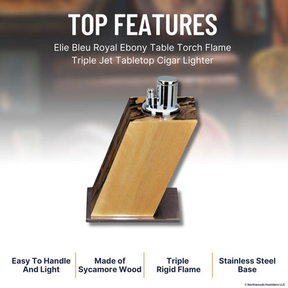 Elie Bleu Royal Ebony Table Torch Flame Triple Jet Tabletop Cigar Lighter - Large - Top Features