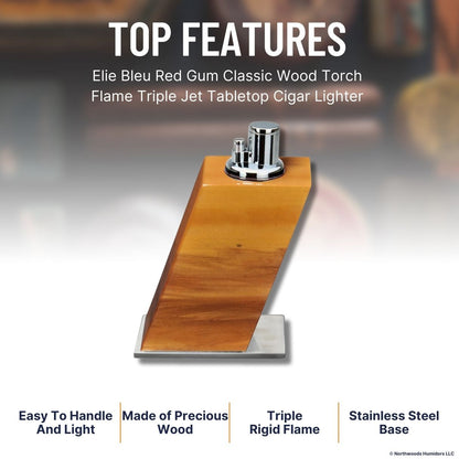 Elie Bleu Red Gum Classic Wood Torch Flame Triple Jet Tabletop Cigar Lighter - Top Features