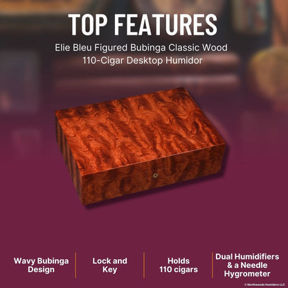 Elie Bleu Classic Wood Figured Bubinga 110-Cigar Desktop Humidor - Top Features