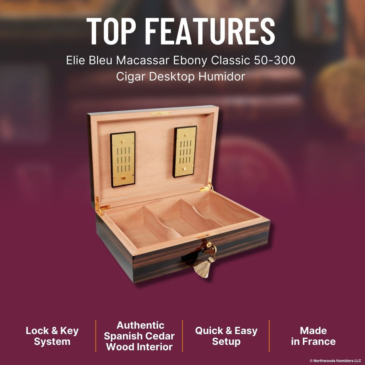 Elie Bleu Macassar Ebony Classic 110-Cigar Desktop Humidor -  Top Features